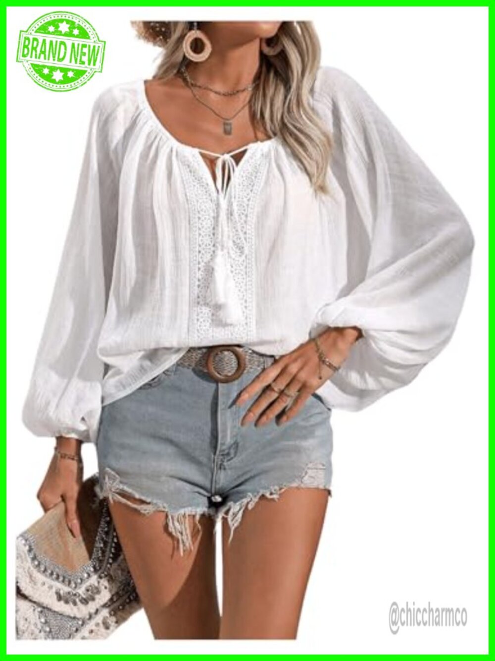 Tie Front Embroidery Lantern Sleeve Lace Up Blouse